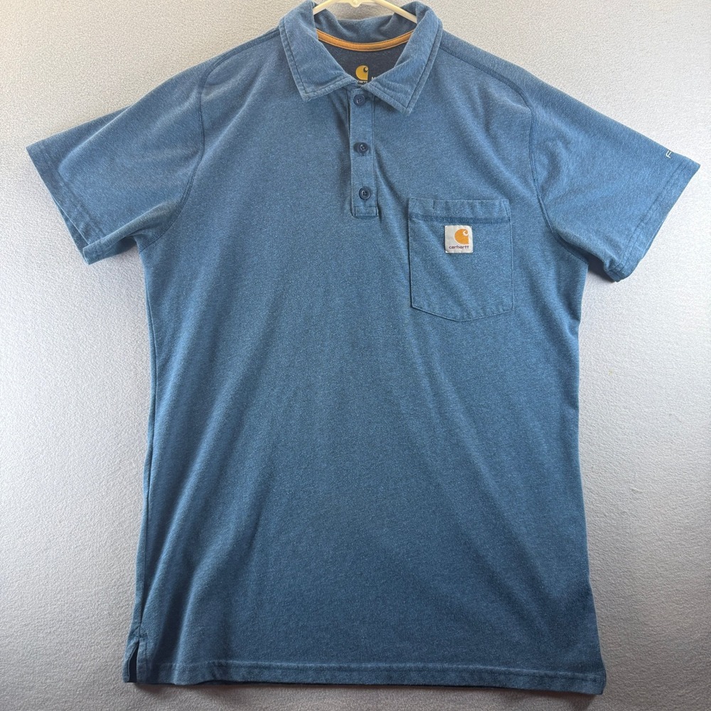 Carhartt Force Relaxed Fit Polo Shirt Mens Medium Blue Heather Short Sleeve Work